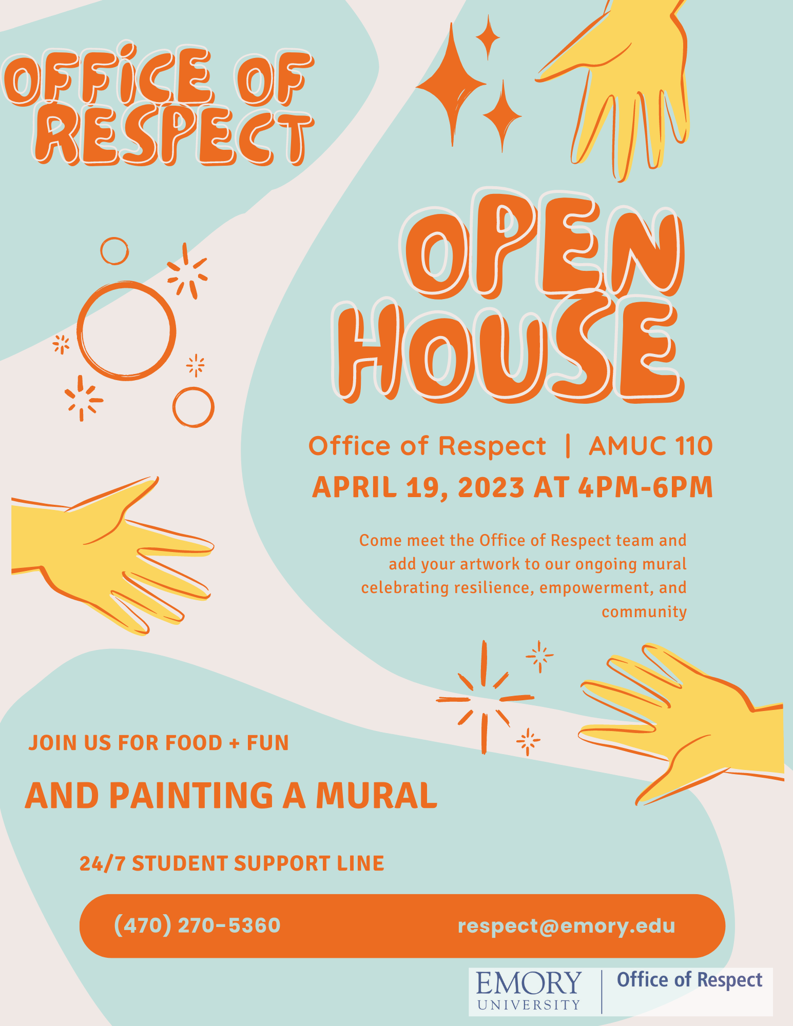 flyer for open house at office of respect on April 19